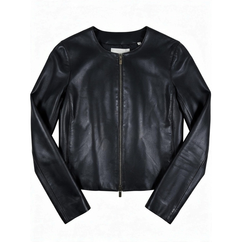 Vince Minimalist Collarless Lambskin Leather Jacket - Black, Size S (Silk Lined)
